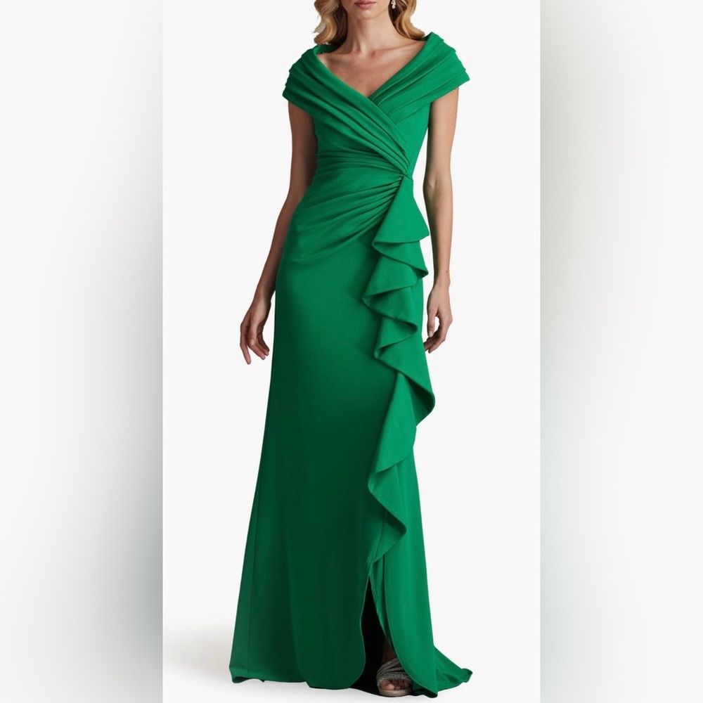 Tadashi Shoji Cascade Ruffle Portrait Neck Gown - Mother of the Bride!